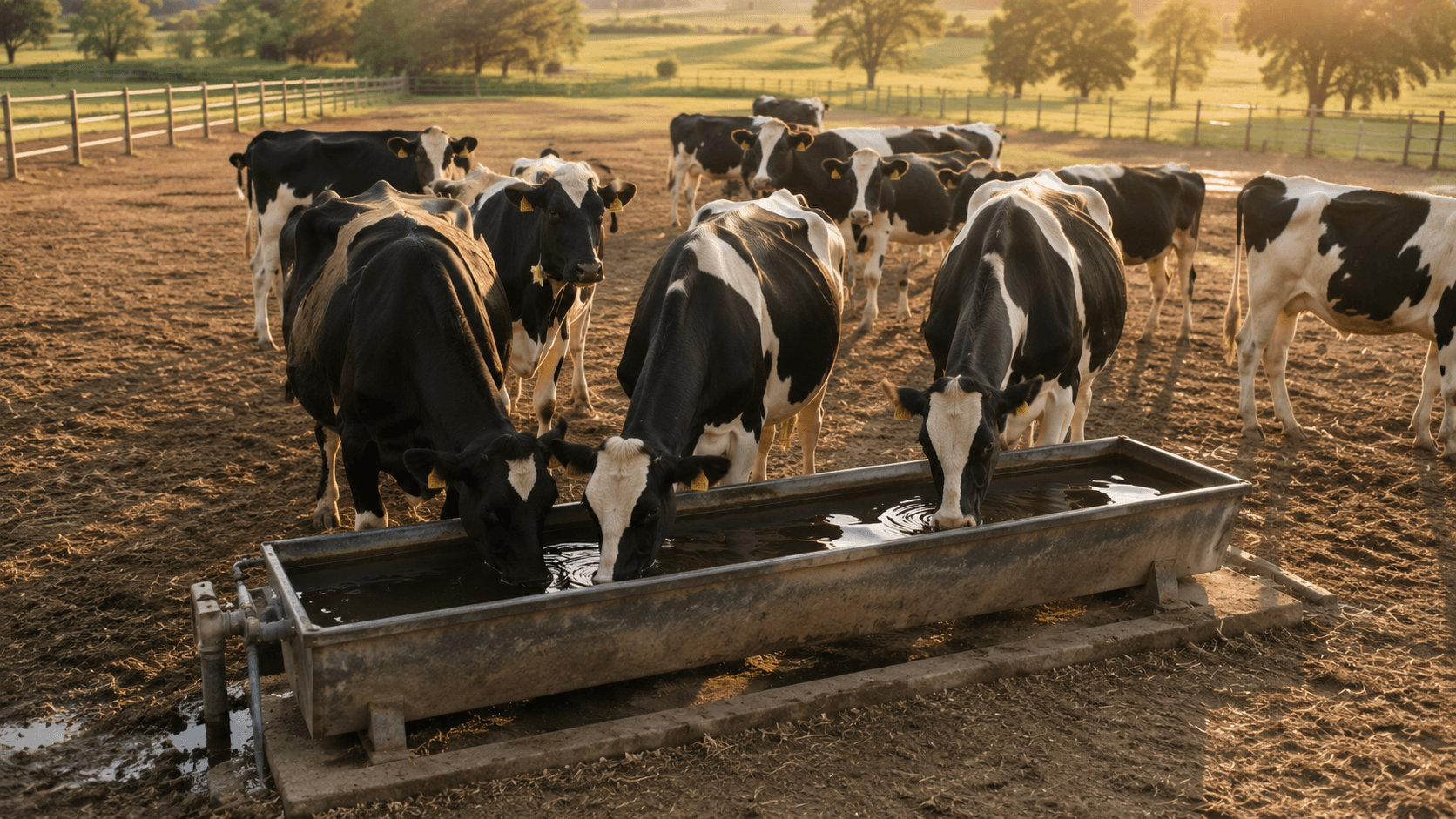 Evidence still: cattle drinking at a water trough in warm morning light